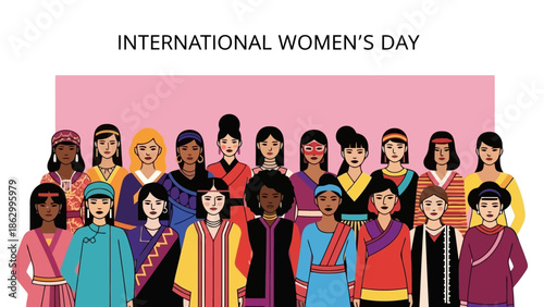 Diverse group of women from various cultures and ethnicities celebrating International Women's Day together.