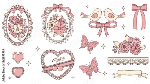 Charming Vintage Kawaii Vector Collection with Floral, Birds, Hearts, and Ribbons