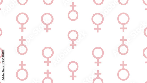 A repeating pattern of the Venus symbol, representing femininity, in a soft pink hue against a white background.