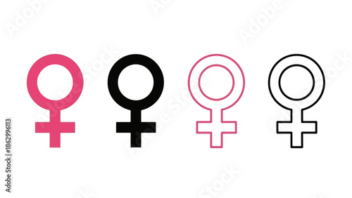 Four stylized representations of the female gender symbol, in pink and black, with solid and outline styles.