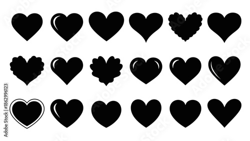 Collection of Diverse Black Heart Silhouettes on White Background, Romantic Symbols