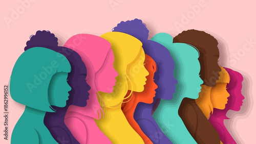 A diverse group of women in profile, showcasing a spectrum of skin tones and hairstyles, against a soft pink background.