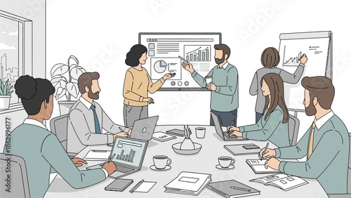 Business professionals collaborating around a conference table with laptops and papers during a meeting presentation