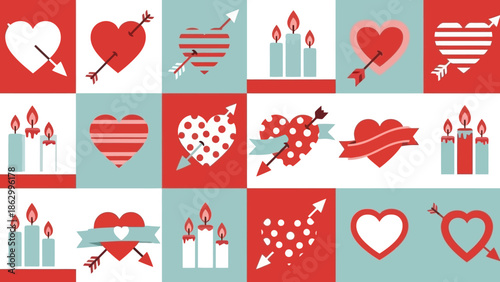 Valentine's Day Heart Symbols and Candles Seamless Pattern Vector Illustration