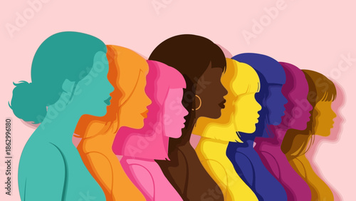 A diverse group of women of various ethnicities and skin tones stand side-by-side in profile against a soft pink background.