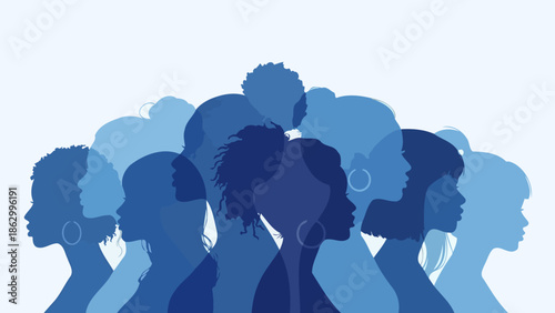 A diverse group of women's silhouettes in various shades of blue, symbolizing unity and collective strength.