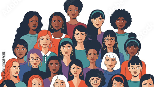 A diverse group of women of various ethnicities, ages, and hairstyles, depicted in a colorful illustration, symbolizing unity and strength.