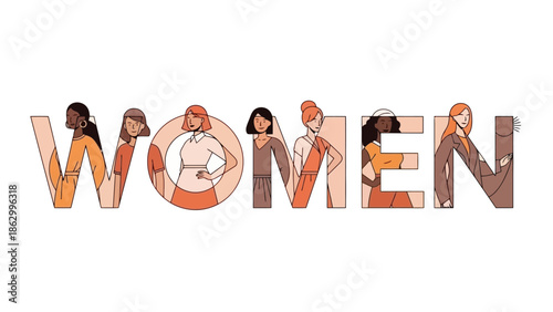 Diverse group of women depicted within the letters spelling out the word "WOMEN", celebrating female empowerment and unity.