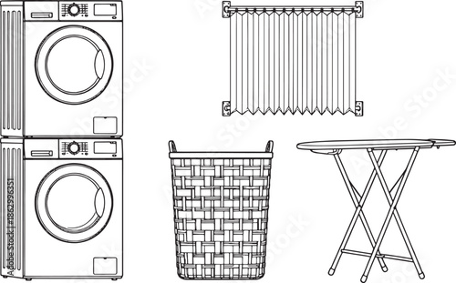 Modern Laundry Room Essentials: Featuring a washing machine, drying rack, laundry basket and ironing board, all neatly arranged and ready for use.