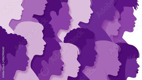 A diverse group of people's profiles are depicted in shades of purple, symbolizing unity and community.