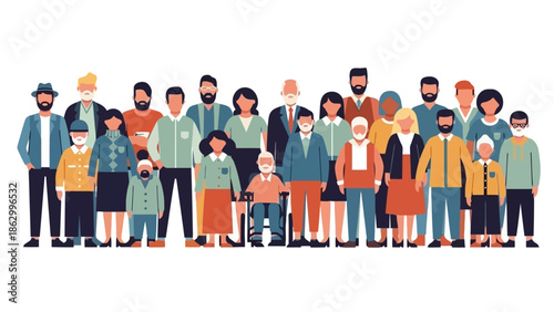 A diverse group of people of various ages, ethnicities, and genders standing together in a colorful illustration.