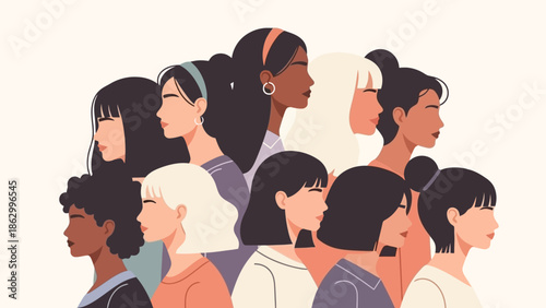 Diverse group of women of various ethnicities and hairstyles, depicted in profile, symbolizing unity and strength.