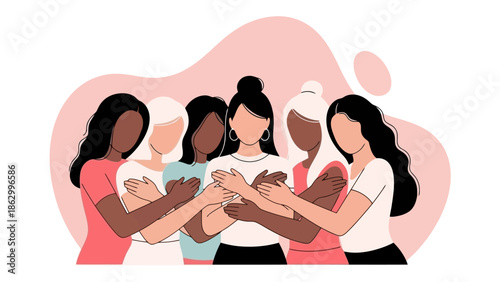 Diverse Group of Women Supporting Each Other with Pink Abstract Shapes Background