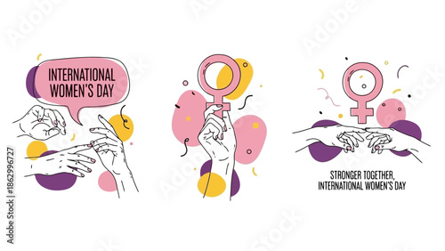 International Women's Day Vector Illustrations: Hands, Symbols, and Unity Messages