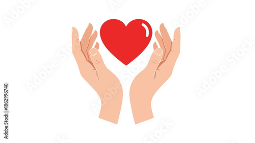 Caring Hands Gently Holding a Red Heart Symbol, Vector Illustration of Love and Support