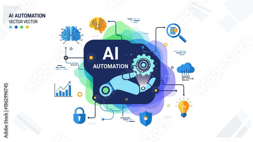 Futuristic AI Automation Interface with Gears and Icons Representing Technology and Innovation