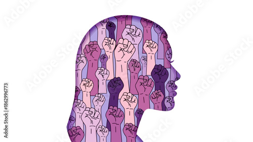 Silhouette of Woman's Head Filled with Diverse Female Fists, Symbolizing Strength and Unity