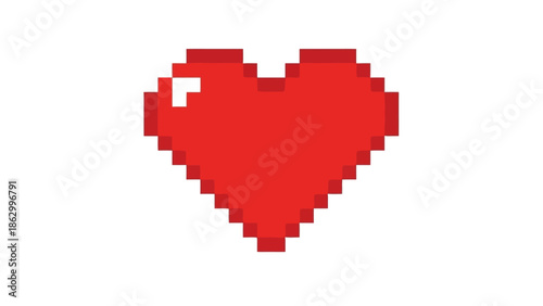 Pixelated Red Heart Icon with Highlight, Digital Art, Graphic Design Element, Isolated