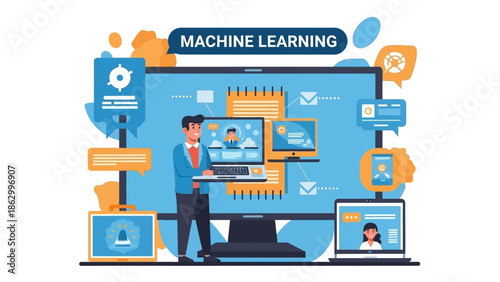 Man interacting with machine learning interface on computer screen in modern office setting