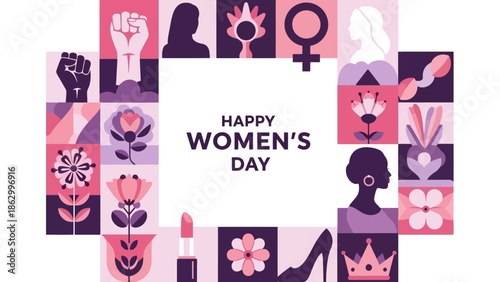 Happy Women's Day Celebration with Diverse Symbols and Floral Elements in Flat Style