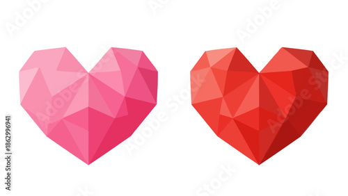Two Geometric Low Poly Hearts, Pink and Red, Representing Love and Romance