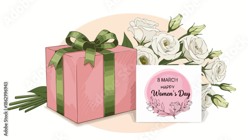Pink Gift Box with Green Ribbon and White Roses for Women's Day