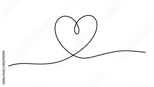 Minimalist continuous drawing of a heart with a flowing tail on a white background