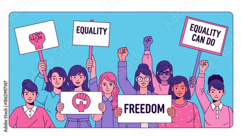 A diverse group of women holding signs advocating for equality, freedom, and empowerment during a protest or rally.