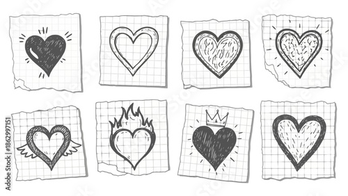 Collection of hand-drawn heart illustrations on torn paper, perfect for romantic designs and Valentine's Day.