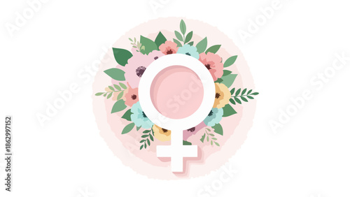A delicate floral arrangement encircles the female gender symbol, symbolizing womanhood and femininity.