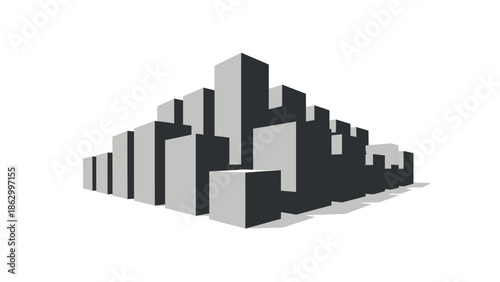 Abstract three-dimensional city skyline illustration with geometric buildings and shadows on white background.