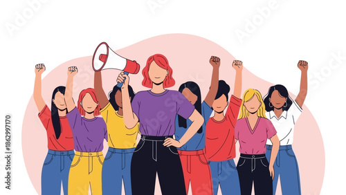 A diverse group of women stand together with raised fists and one holding a megaphone, symbolizing unity and protest.