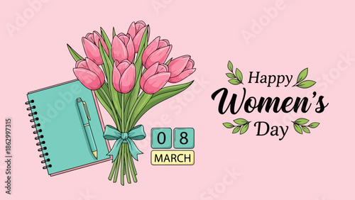 A beautiful illustration celebrating International Women's Day with a bouquet of pink tulips, a notebook, a pen, and a calendar showing March 8th.