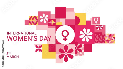 International Women's Day graphic with the date March 8th, featuring floral patterns and the female symbol.