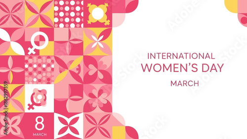 International Women's Day graphic with geometric patterns and symbols of femininity.