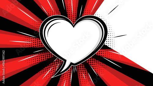 Comic Style Heart Speech Bubble with Red and Black Rays and Halftone Dots