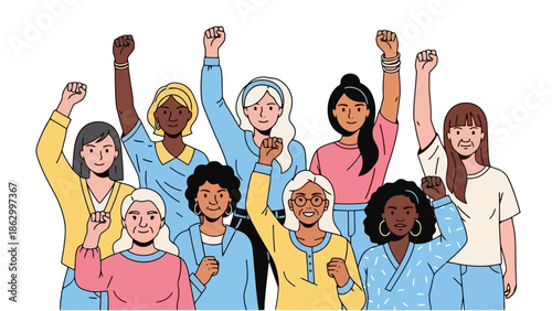 A diverse group of women of various ages and ethnicities stand together with raised fists, symbolizing strength, unity, and empowerment.