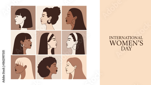 Diverse women's faces in profile, celebrating International Women's Day with a palette of warm, earthy tones.
