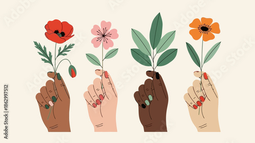 Illustration of four diverse hands holding different flowers and plants, symbolizing unity and nature.