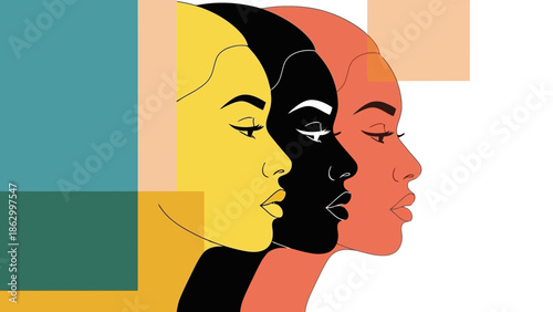 Illustration of three women's profiles in profile, showcasing diverse skin tones and features against a colorful abstract background.