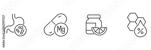 Supplements wellness icon set, probiotic gut bacteria, magnesium mg capsule, citrus vitamin c jar, honey extract percentage illustration.