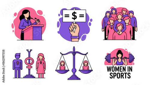 Collection of illustrations representing women's empowerment, equality, and achievements in various fields.