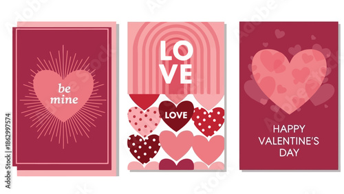 Set of Three Valentine's Day Cards with Hearts, Love Text and Rainbows
