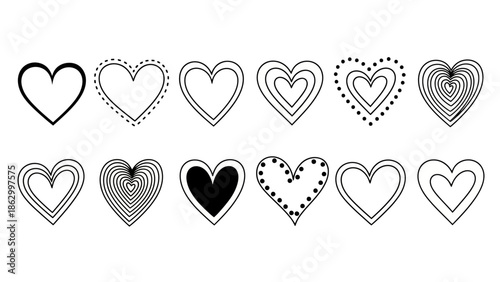 Collection of various heart shapes, including outlines, dotted edges, and filled designs, perfect for design.
