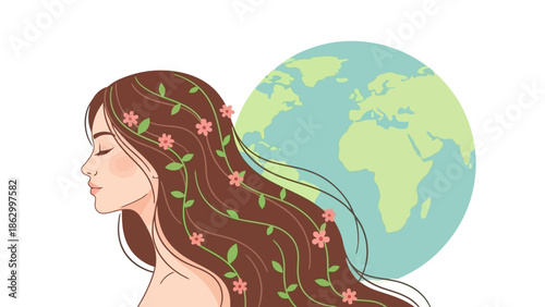 Illustration of a woman with flowers and vines in her hair, with the Earth in the background, symbolizing nature and environmental care.