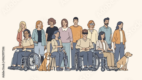 Diverse group of people with disabilities and service animals standing together, representing inclusion and accessibility.