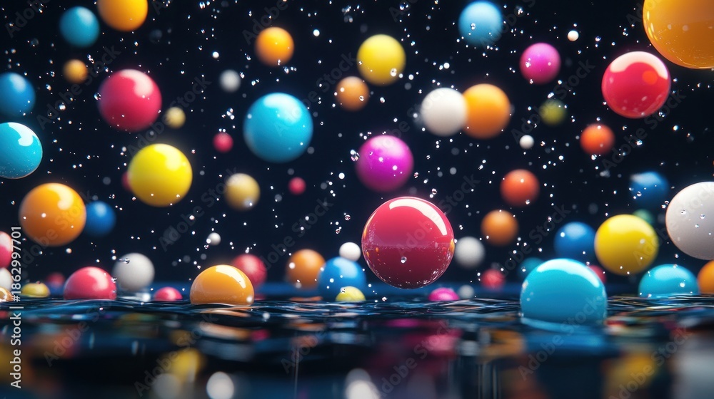 Naklejka premium Colorful spheres falling over rippled water