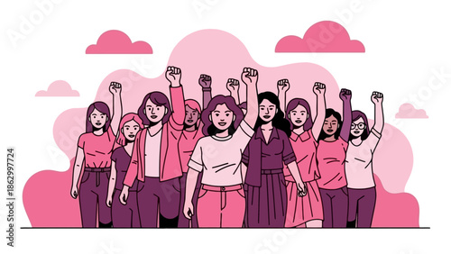 A diverse group of women standing together with raised fists, symbolizing unity, strength, and feminist empowerment.