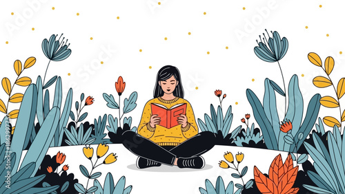 A young woman sits cross-legged in a lush garden, engrossed in reading a book amidst vibrant flora and delicate yellow dots.