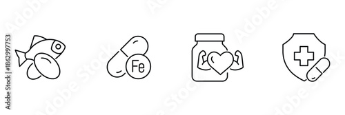 Supplements health icon set, fish oil omega capsules, iron tablet, heart strength jar, immune protection shield medicine illustration.